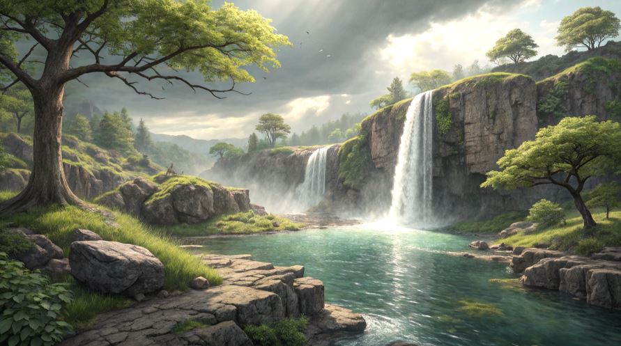 cara Menggambar Pemandangan Air Terjun Menggunakan Cat Air