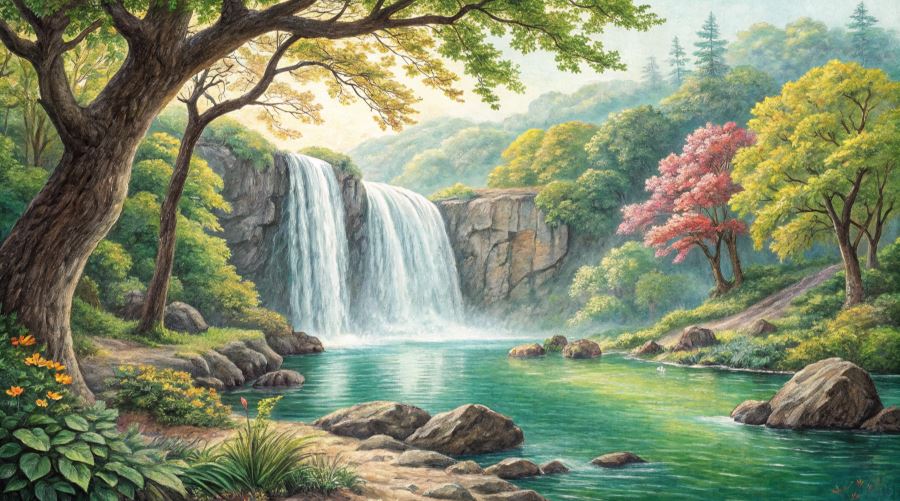 cara Menggambar Pemandangan Air Terjun Menggunakan Pensil Warna