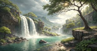cara menggambar pemandangan air terjun